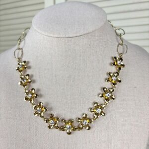 Beautiful Ann Taylor Gold Tone Floral Statement Necklace Rhinestone 90s Vintage